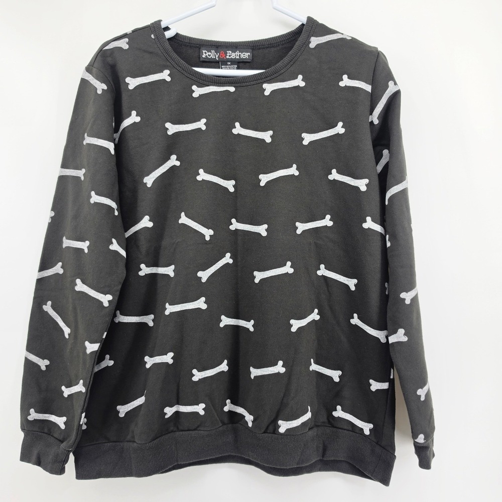 Polly & Esther Bone Print Sweatshirt 1X Black Halloween Goth Skeleton Pullover
